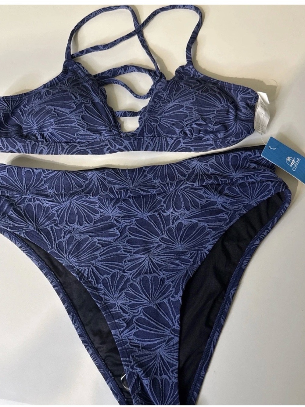 NWT Cupshe Bikini High Waisted Bottom Sz L Blue Textured